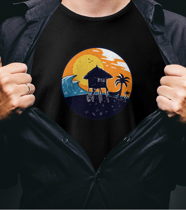Nipa Hut Sunset By The Beach With Palms And Waves T-Shirt