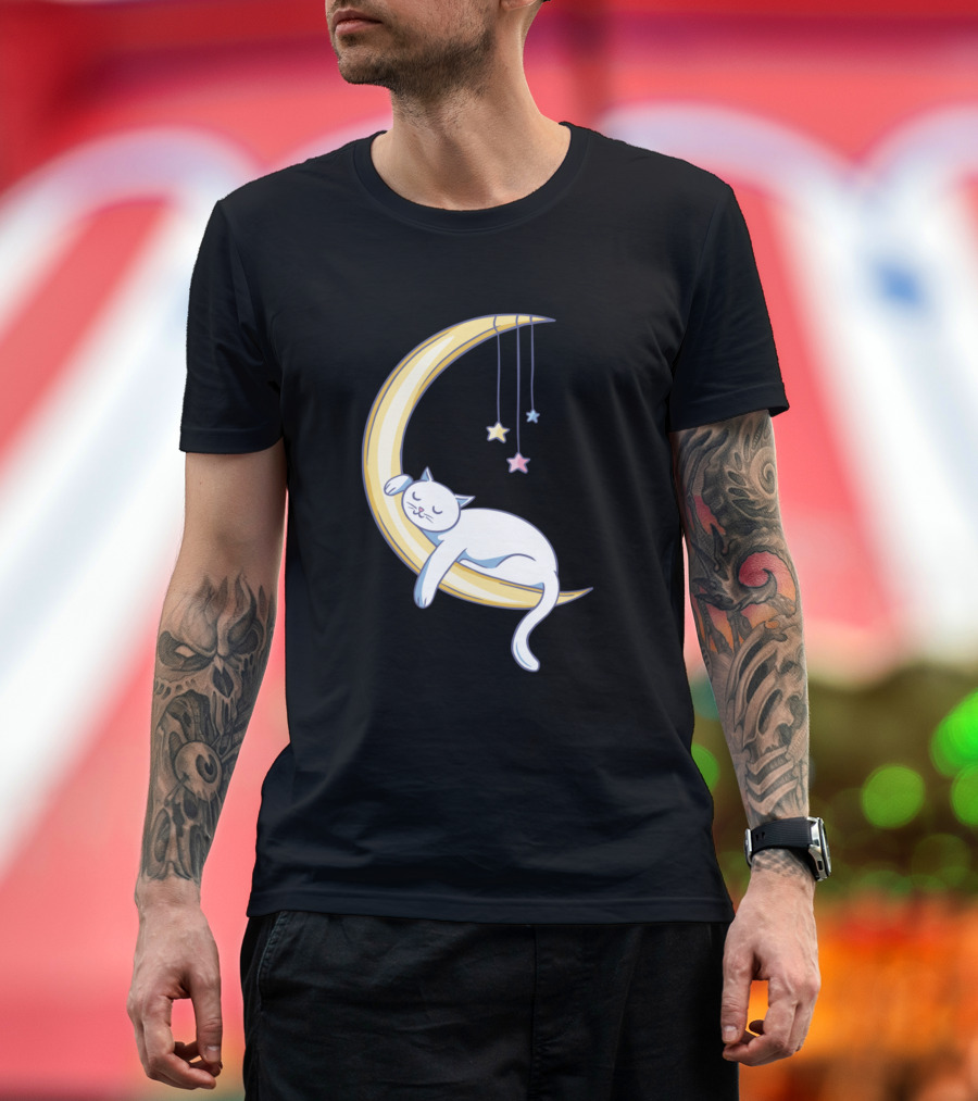Sleeping White Cat on Yellow Crescent Moon with Hanging Stars T-Shirt