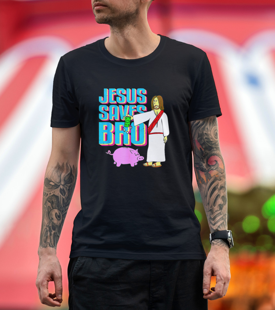 Jesus Saves Bro Cartoon Style Money Pig Bank T-Shirt
