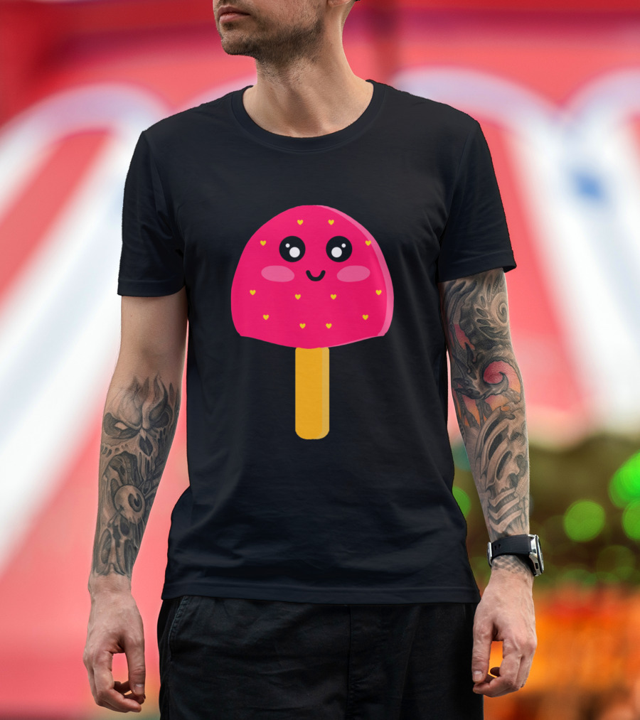 Pink Strawberry Ice Cream Cute Kawaii Heart Faces T-Shirt