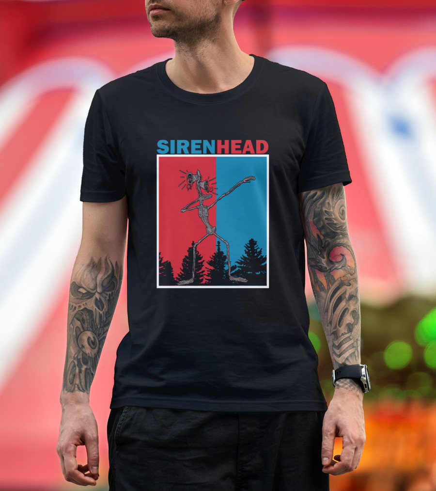 Siren Head Dabbing in Creepy Forest Red and Blue Split Background T-Shirt