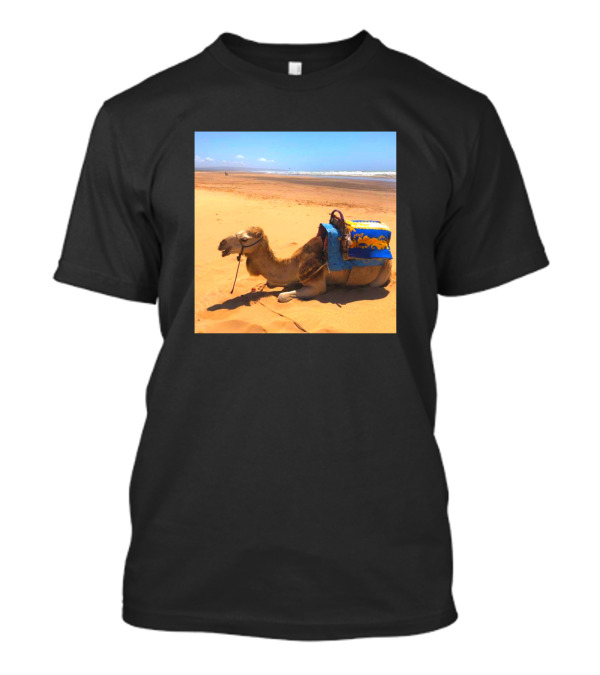 Camel With Blue Saddle Relaxing On Moroccan Beach T-Shirt