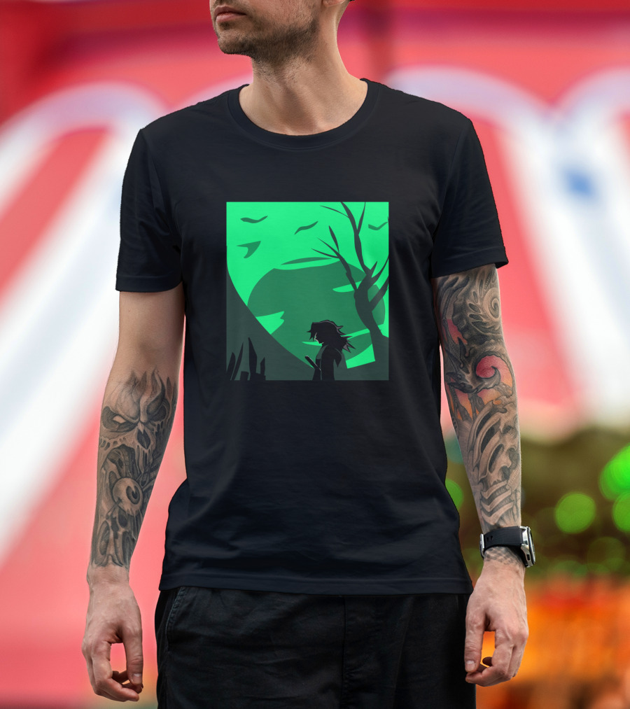 Tomioka Giyuu The Pillar Silhouette Against Green Forest Backdrop T-Shirt