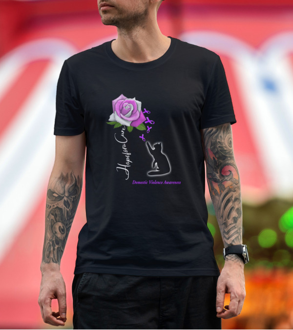 Premium T-Shirt: Hope For A Cure Domestic Violence Awareness Purple Rose and Ribbon with Cat T-Shirt Hope For A Cure Domestic Violence Awareness Purple Rose and Ribbon with Cat T-Shirt