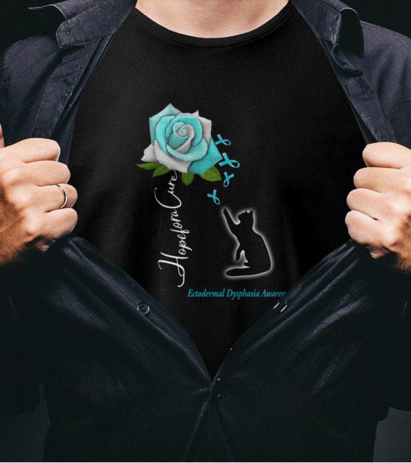 Hope For A Cure Ectodermal Dysphasia Awareness Blue Rose Cat T-Shirt