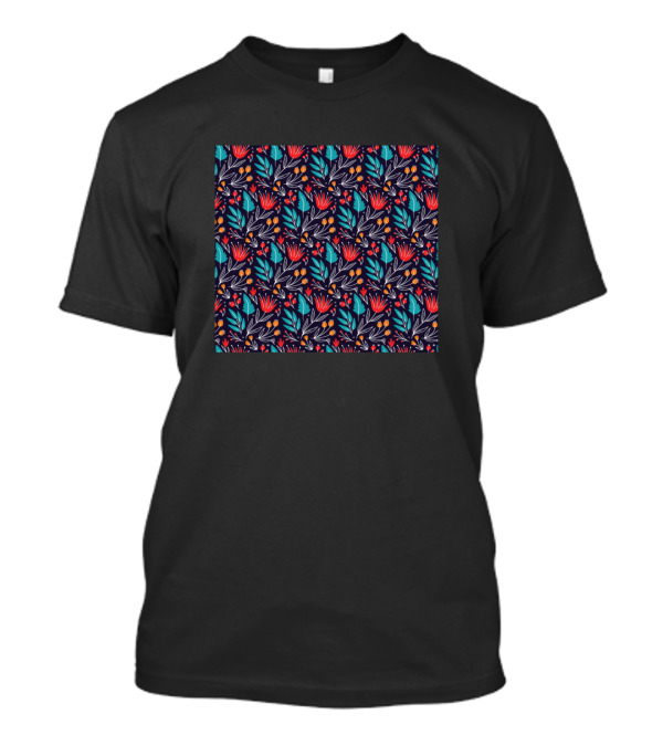 Colorful Red Flower Pattern With Vibrant Green Leaves T-Shirt