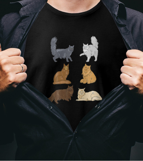 Maine Coon Cat Lover Funny Coffee Enthusiast In Charming Feline Poses T-Shirt