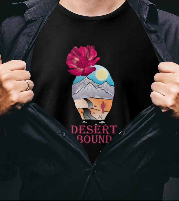 Desert Bound Mountain Road With Cactus And Pink Flower T-Shirt