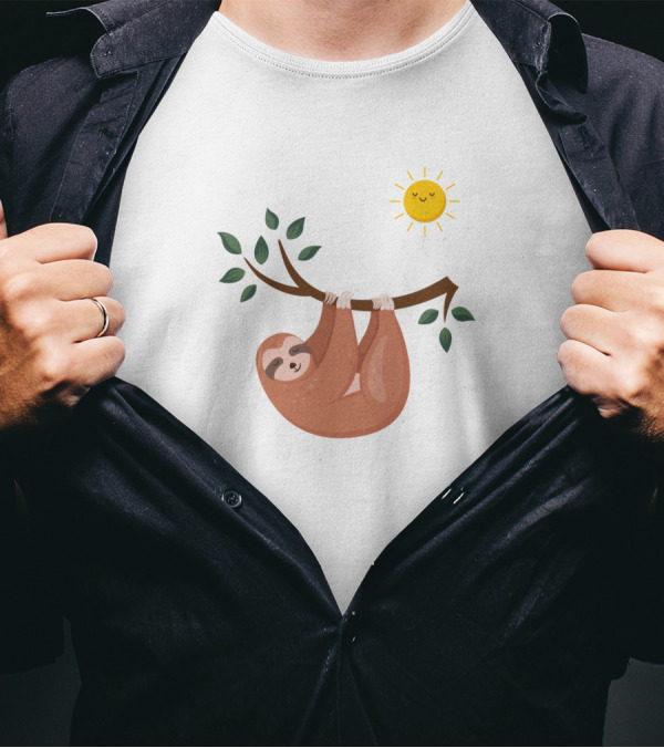 Keep Calm And Live Slow Sloth Hanging On Tree Branch With Sun T-Shirt