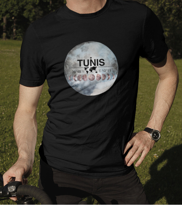 Tunis 36°48'N 10°11'E World Map Moon Phases Watercolor T-Shirt