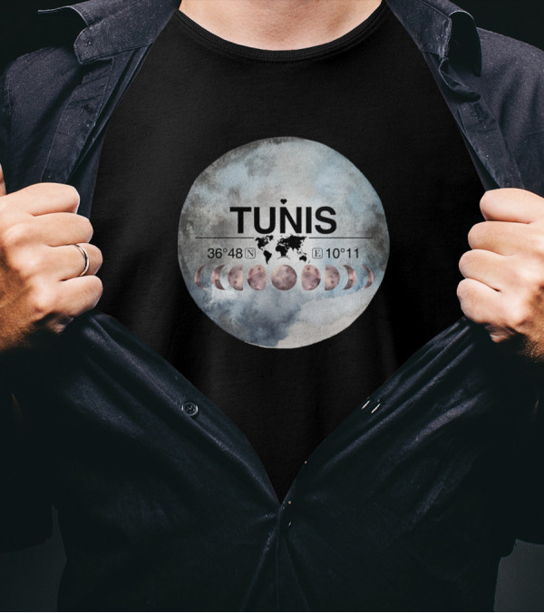 Tunis 36°48'N 10°11'E World Map Moon Phases Watercolor T-Shirt
