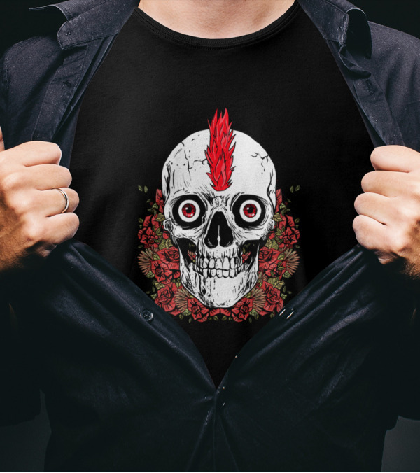 A Skull With A Mohawk Surrounded By Red Flowers T-Shirt