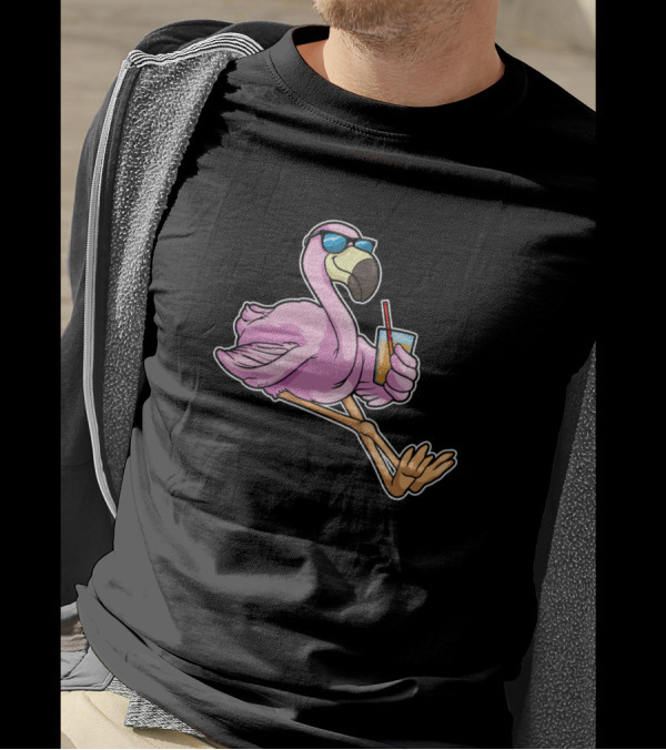 Flamingo Sipping Drink Through Straw With Sunglasses T-Shirt