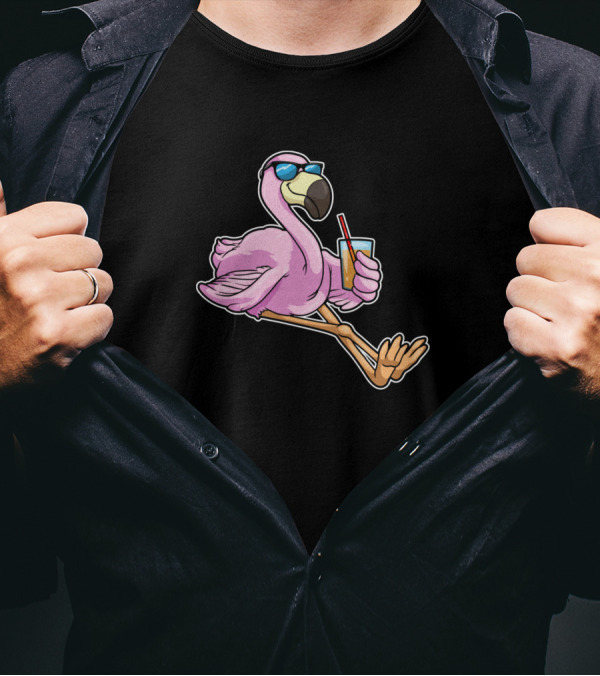Flamingo Sipping Drink Through Straw With Sunglasses T-Shirt