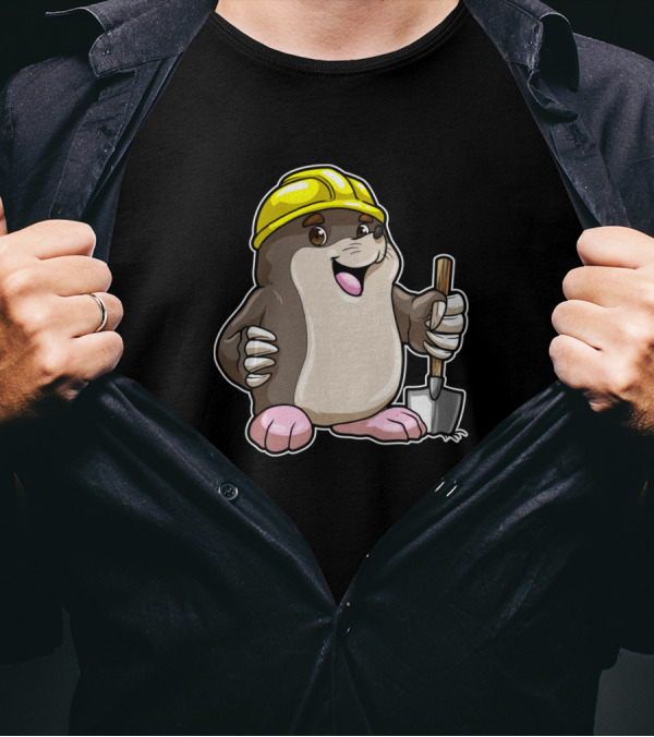 Mole Wearing Yellow Construction Helmet Holding Shovel T-Shirt