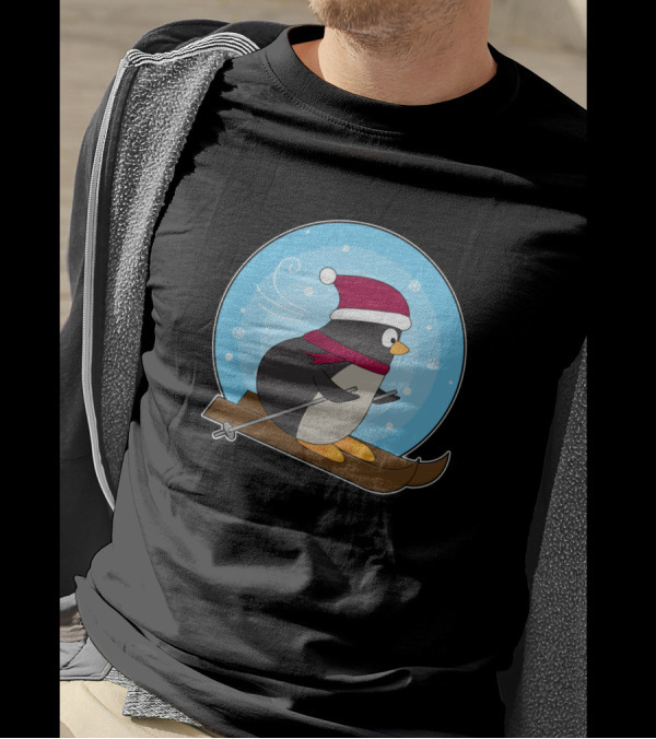 Penguin Skier In Red Hat And Scarf On Skis In Snow Globe T-Shirt