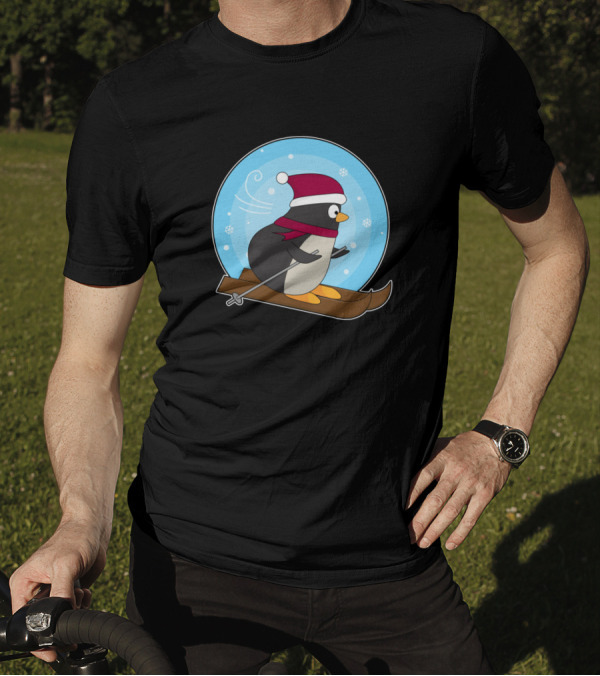 Penguin Skier In Red Hat And Scarf On Skis In Snow Globe T-Shirt