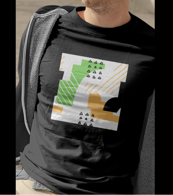 Stripped Shaped Patterns Geometric Abstract Triangles Green Orange Black T-Shirt