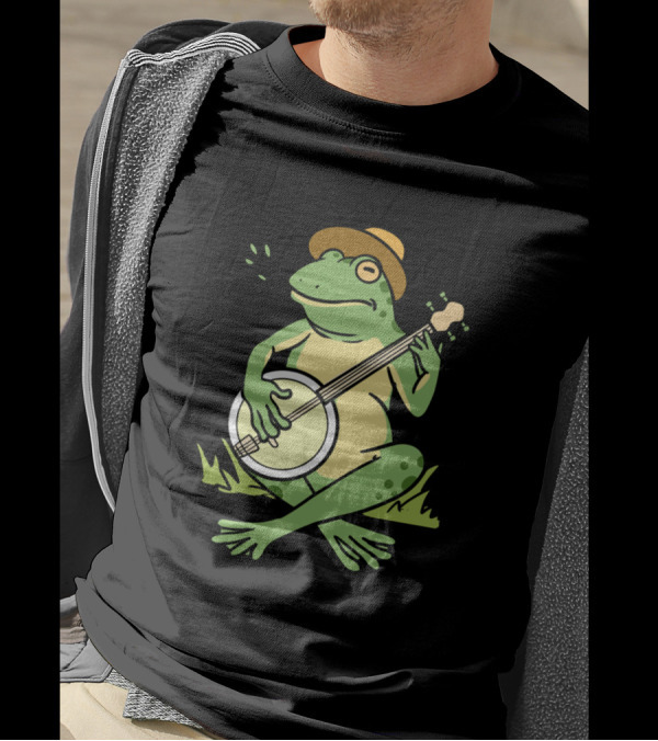 Frog Playing Banjo Wearing Hat Sitting On Grass T-Shirt