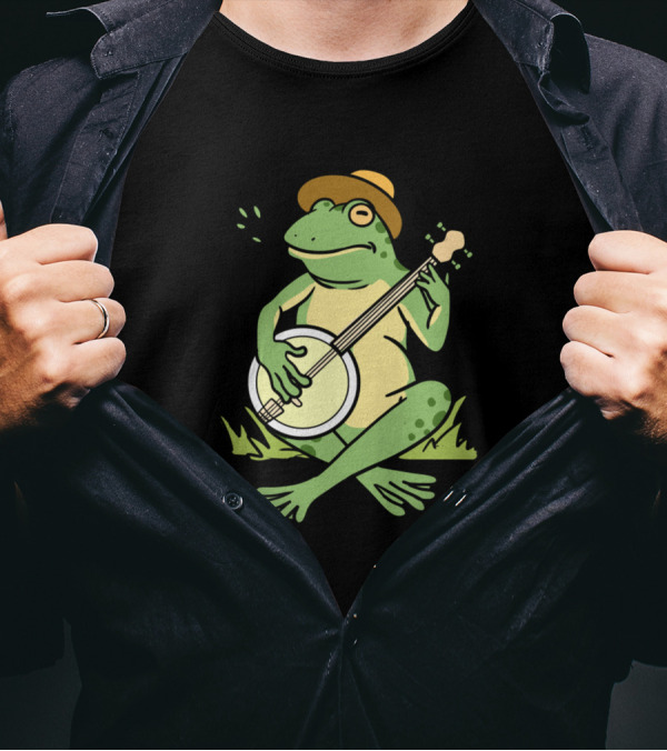 Frog Playing Banjo Wearing Hat Sitting On Grass T-Shirt