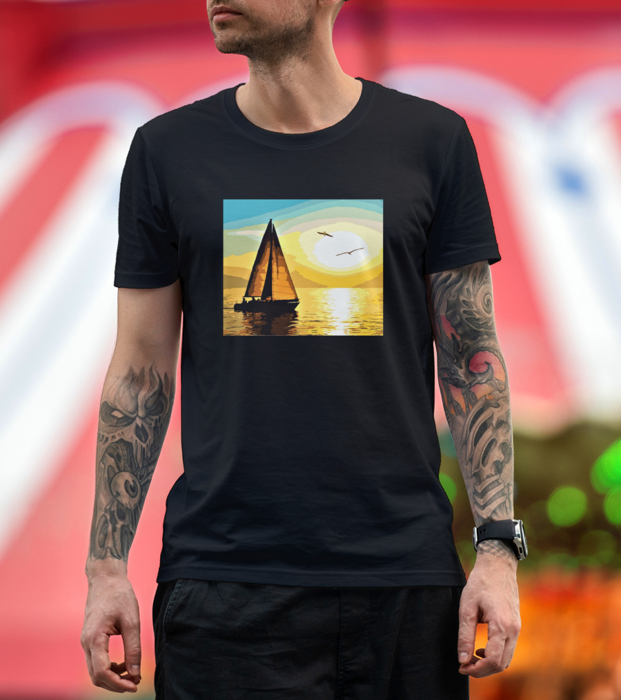 Sailboat and Sunset Reflection with Birds Over Water T-Shirt