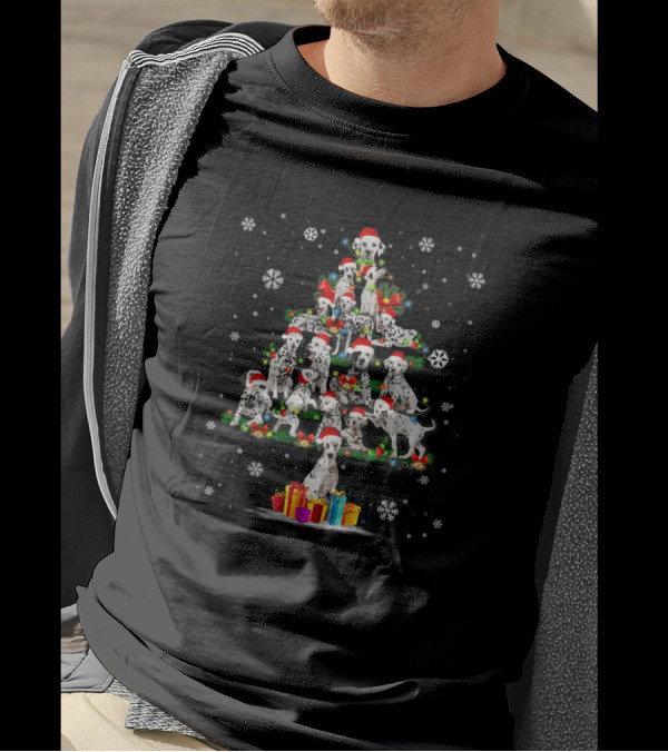 Dalmatian Christmas Tree Snowflakes Santa Hats And Gifts T-Shirt