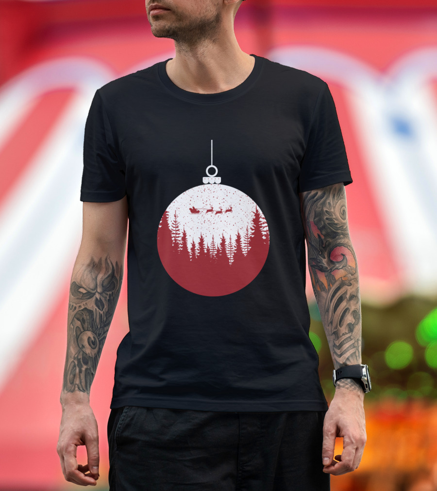 Merry Christmas And Happy New Year Festive Ornament With Santa Sleigh And Pine Trees T-Shirt