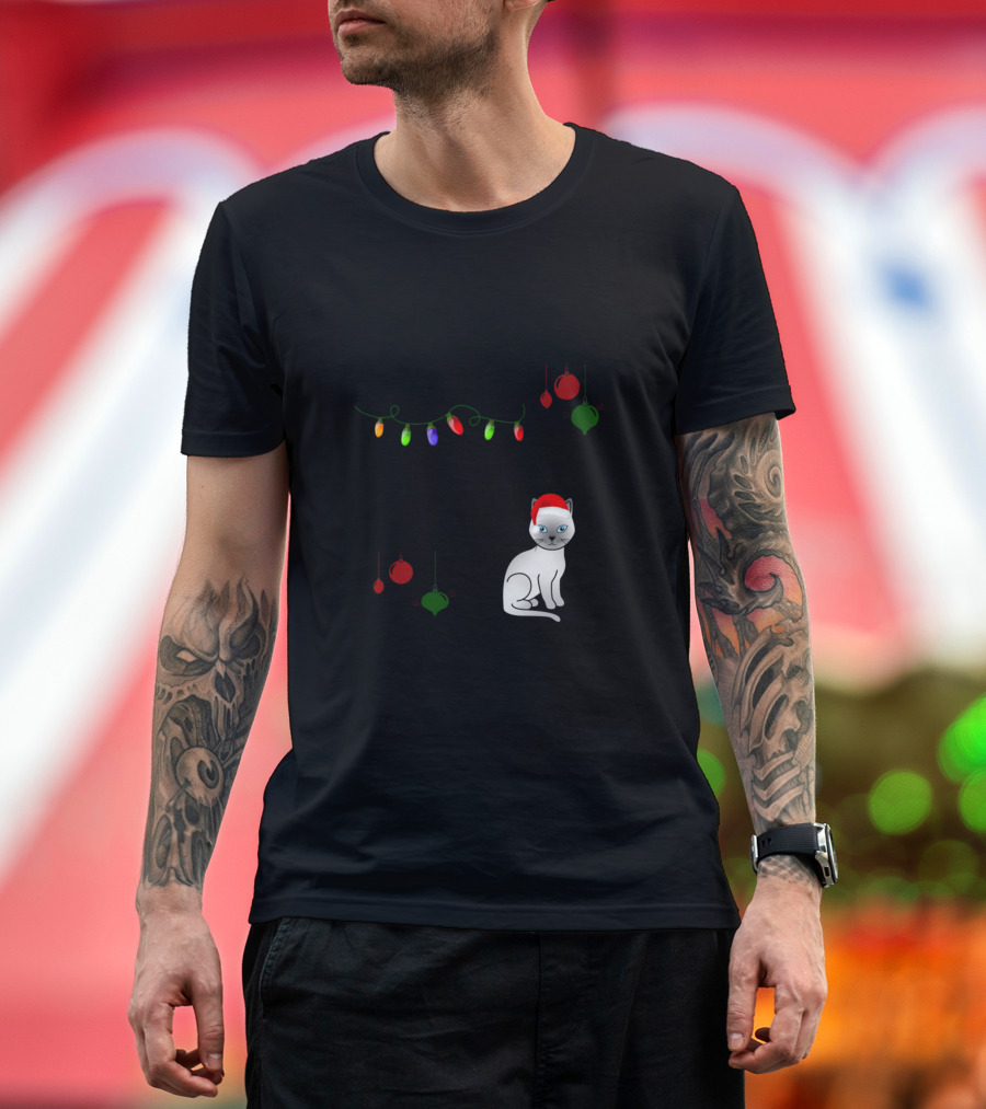 Tonkinese Around the Christmas Tree Lights and Ornaments Cat in Santa Hat T-Shirt