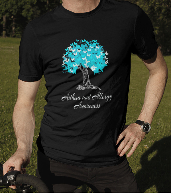 Asthma And Allergy Awareness Tree With Butterflies T-Shirt