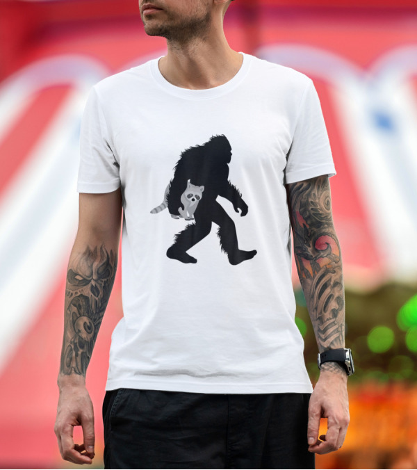 Premium T-Shirt: Bigfoot Sasquatch Silhouette with Raccoon Trash Critter T-Shirt Bigfoot Sasquatch Silhouette with Raccoon Trash Critter T-Shirt