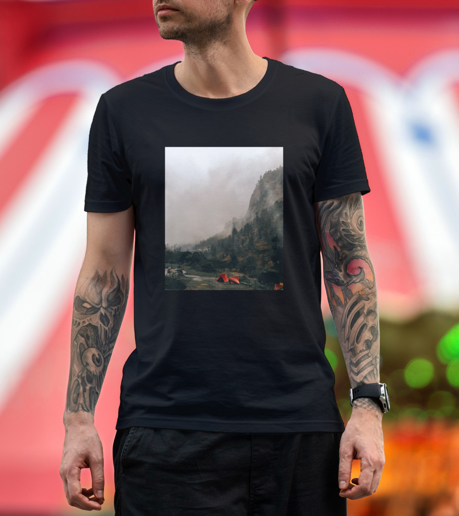 Camping In The Wilderness with Misty Mountain Landscape and Red Tents T-Shirt