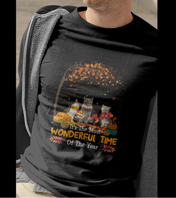 It's The Most Wonderful Time Of The Year Family Cat Autumn Leaves Pumpkins T-Shirt