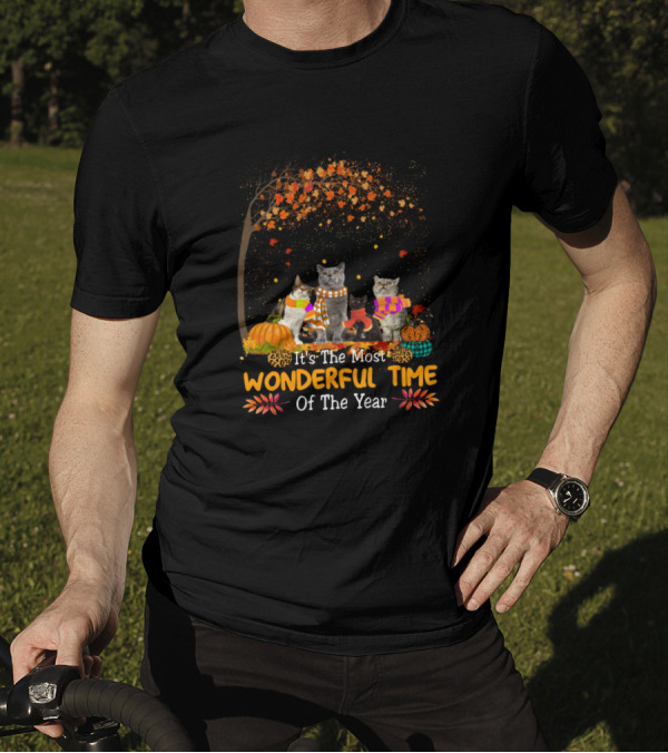 It's The Most Wonderful Time Of The Year Family Cat Autumn Leaves Pumpkins T-Shirt