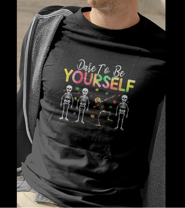 Dare To Be Yourself Skeleton Dabbing Autism Awareness Puzzle T-Shirt