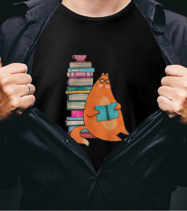 Orange Cat Reading Next To Towering Stack Of Books And Teacup T-Shirt