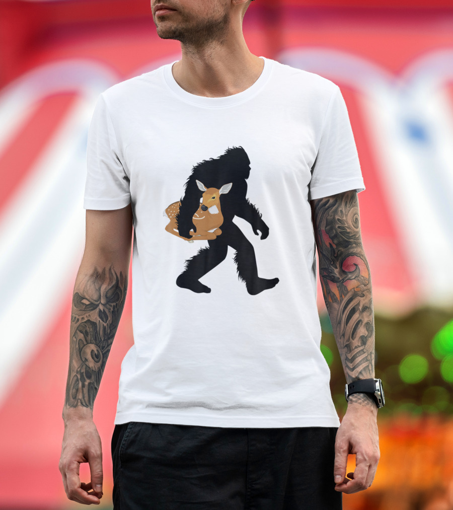 Bigfoot Carrying Deer Sasquatch With Fawn Black T-Shirt