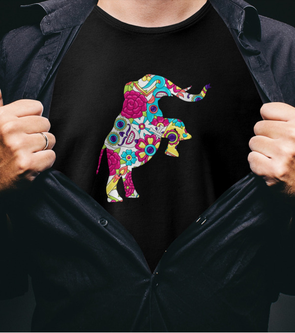 Day Of Dead Sugar Skull Elephant Colorful Floral T-Shirt