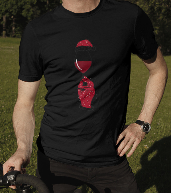 Funny DrinkingStyle Santa Hat Red Wine Glass Hand T-Shirt