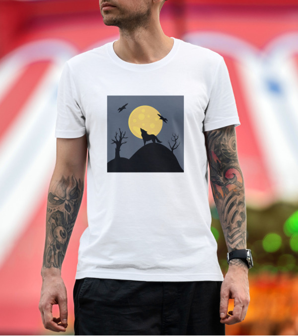 Premium T-Shirt: Howling Wolf Silhouette Under Full Moon with Barren Trees and Birds in Night Sky T-Shirt Howling Wolf Silhouette Under Full Moon with Barren Trees and Birds in Night Sky T-Shirt