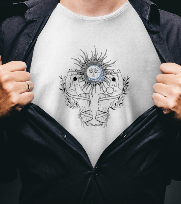 Open Hands Cosmic Sun Moon Watercolor Boho T-Shirt