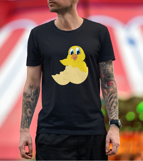 Premium T-Shirt: Happy Cartoon Chick in Cracked Yellow Eggshell Motif T-Shirt Happy Cartoon Chick in Cracked Yellow Eggshell Motif T-Shirt