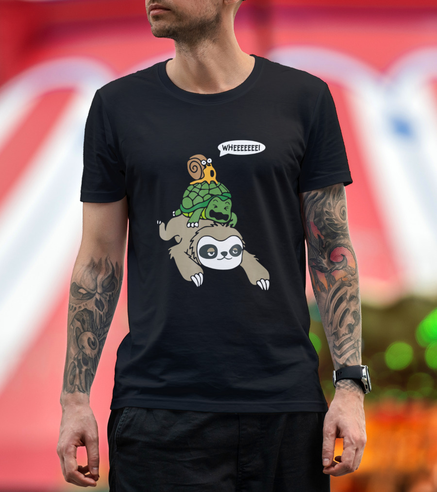 Sloth Carrying Turtle and Snail with Wheeeeee Funny Cute Animal Lover T-Shirt