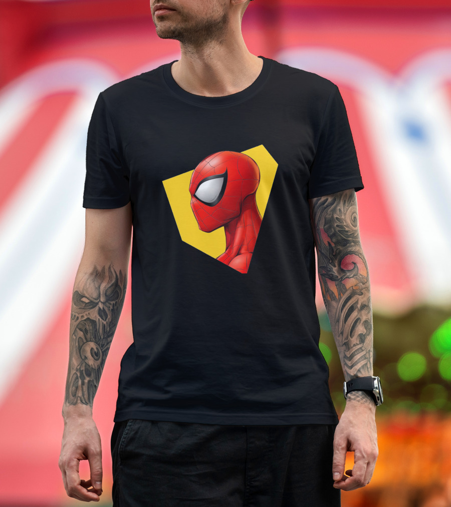 Spiderman Classic Mask Icon Yellow Geometric Background T-Shirt