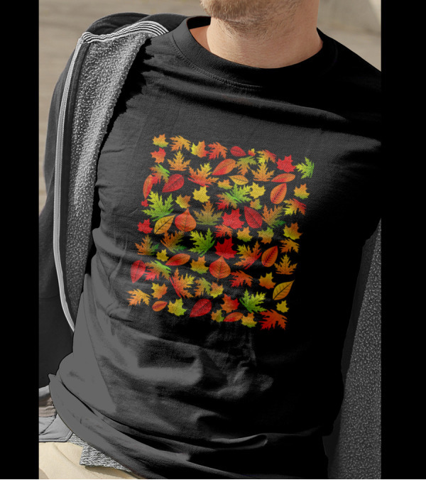 Autumn Fall Colorful Leaves Pattern With Maple And Oak Shapes T-Shirt