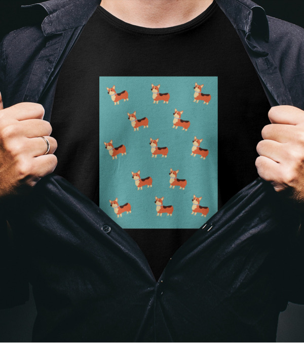 Corgi Pattern Aqua Background T-Shirt