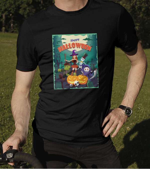 Happy Halloween Witch Reaper Skeleton Pumpkins Forest Scene T-Shirt
