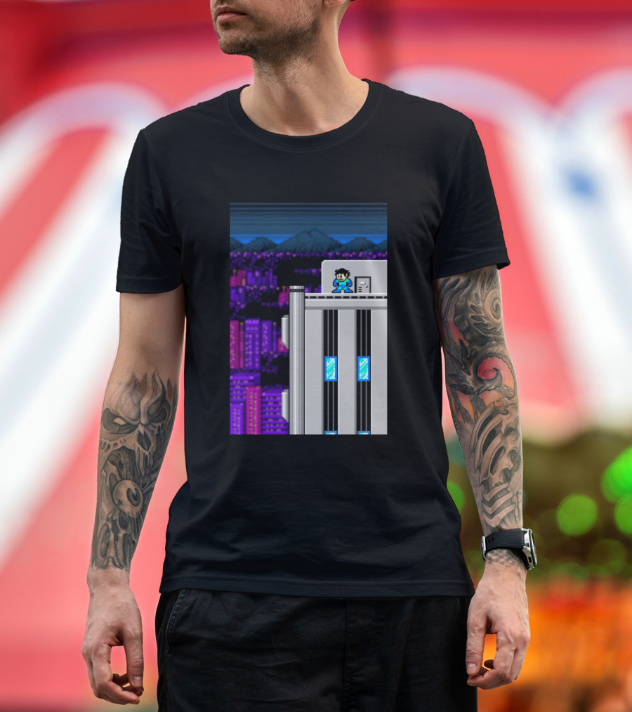 Machine City Retro Pixel Art Rooftop Scene T-Shirt