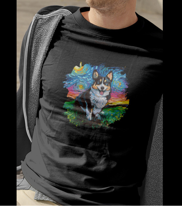 Tri Color Corgi Starry Night Van Gogh Style Painting T-Shirt