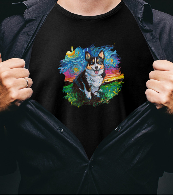 Tri Color Corgi Starry Night Van Gogh Style Painting T-Shirt
