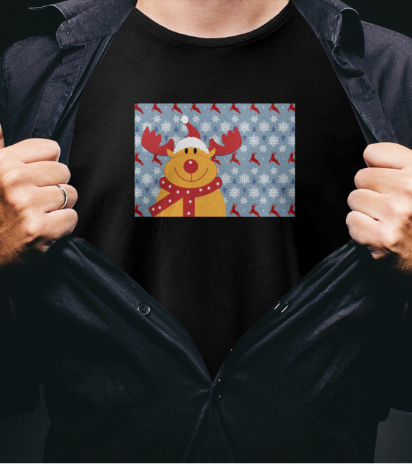Happy Rudolf The Reindeer With Snowflakes And Santa Hat T-Shirt
